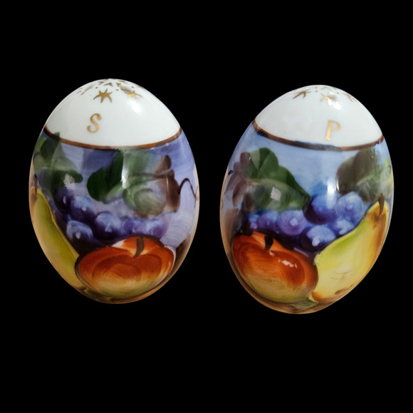 Antique Hand Painted Porcelain Salt & Pepper Shakers Egg Shape Fruit Motif Gold - Picture 1 of 3